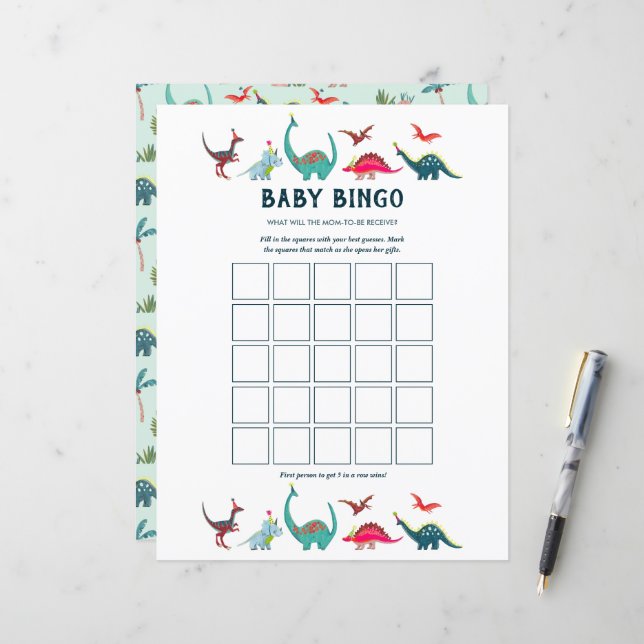 Niedliches Dinosaur Bingo Baby Duschspiel (Vorderseite/Rückseite Beispiel)