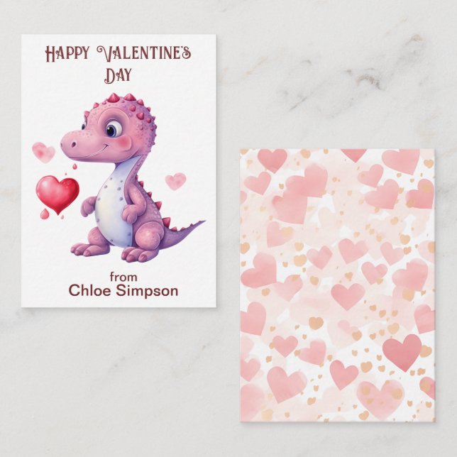 Niedliches Dinosaurier Kid's Valentine-Party Mitteilungskarte (Vorne/Hinten)