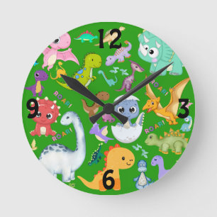 Niedliches Dinosaurier-Muster auf Grün Runde Wanduhr