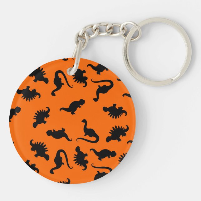 Niedliches Dinosaurier-Muster in Orange Schlüsselanhänger (Rückseite)