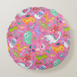 Niedliches Dinosaurier-Muster in rosa | Rundes Kissen