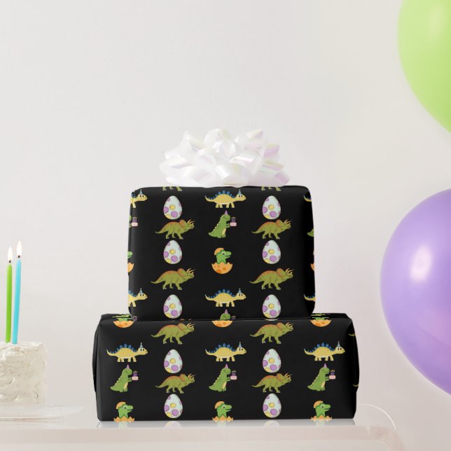 Niedliches Dinosaurier Schwarz Grün Orange Cartoon Geschenkpapier (Partygeschenke)