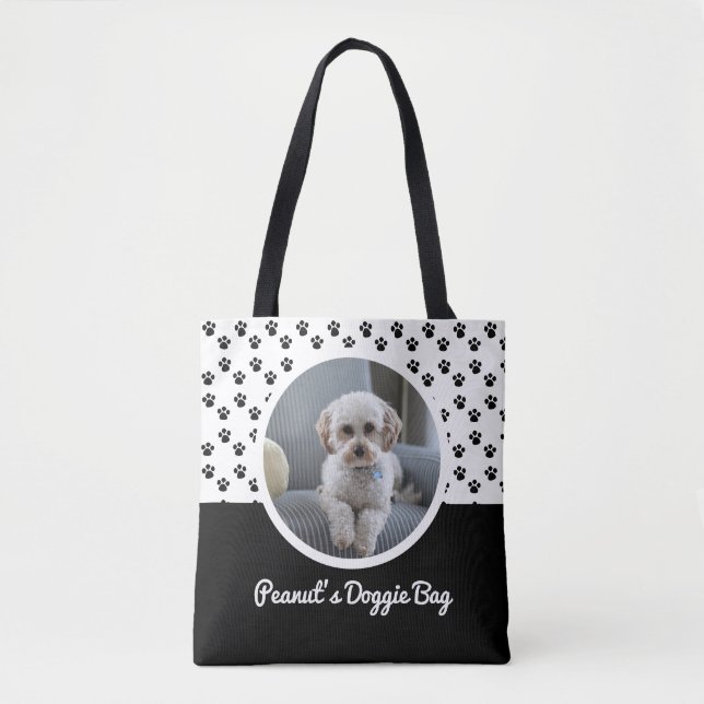 Niedliches Doggie-Foto und Schwarzweiß-Muster Tasche (Vorderseite)