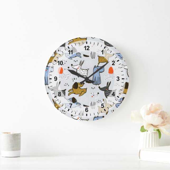 Niedliches Doodle-Dog-Muster Große Wanduhr (Zuhause)