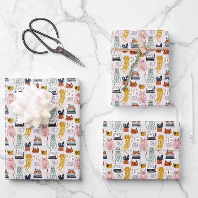 Niedliches Doodle Hand Dragees Katzenmuster Geschenkpapier Set (Vorderseite)