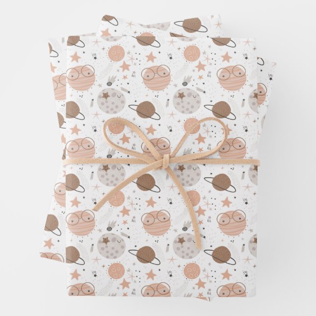 Niedliches Doodle-Planet-Muster Geschenkpapier Set (Beispiel)