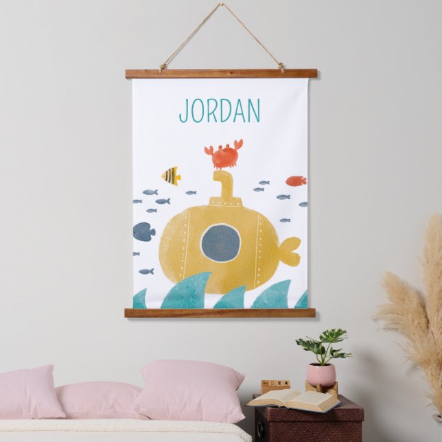 Niedliches Doodle-U-Boot | Entdecken Wandteppich Mit Holzrahmen (Schlafzimmer)
