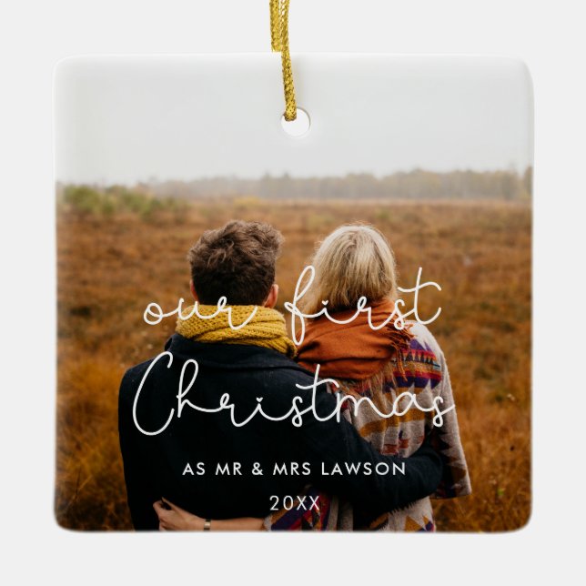 Niedliches Drehbuch Unser erstes Weihnachtspaar Fo Keramikornament (Vorderseite)