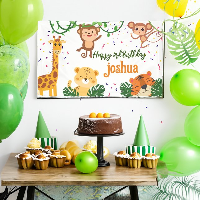 Niedliches Dschungeltier Party Happy Birthday Bann Banner (Cute jungle animal party personalized banner tiger leopard giraffe monkey birthday party banner)