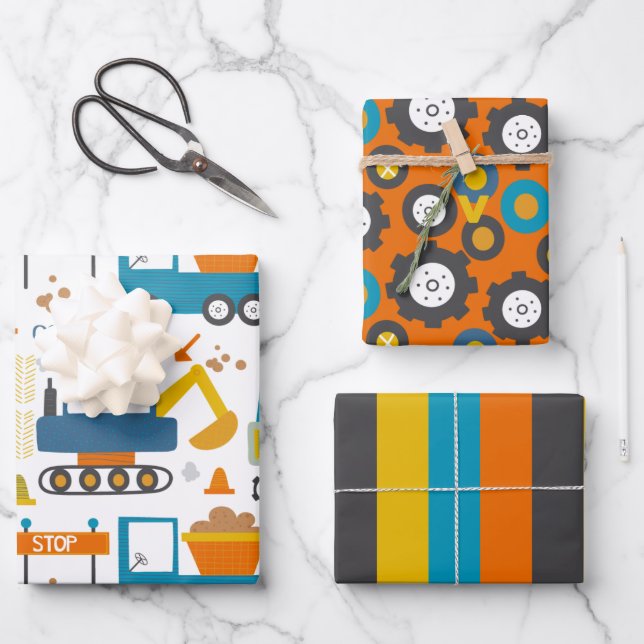 Niedliches Dumper Truck Digger-Muster Geschenkpapier Set (Vorderseite)