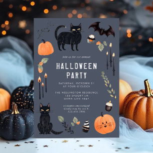 Niedliches dunkles Halloween Cat Bat Pumpkin-Party Einladung