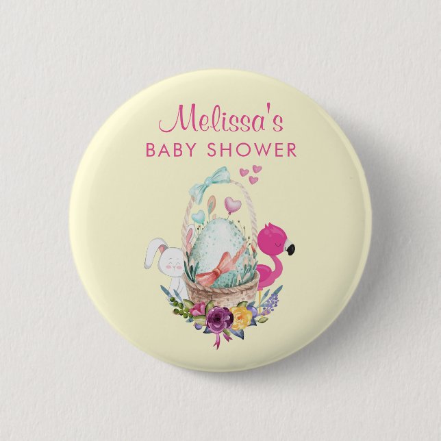 Niedliches Ei, rosa Flamingo & Bunny, Aquarell Button (Vorderseite)