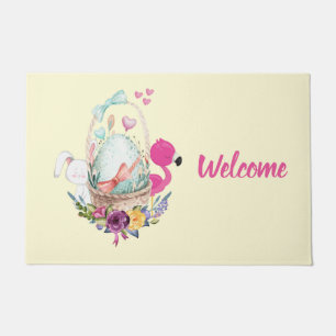 Niedliches Ei, rosa Flamingo & Bunny, Aquarell Fußmatte