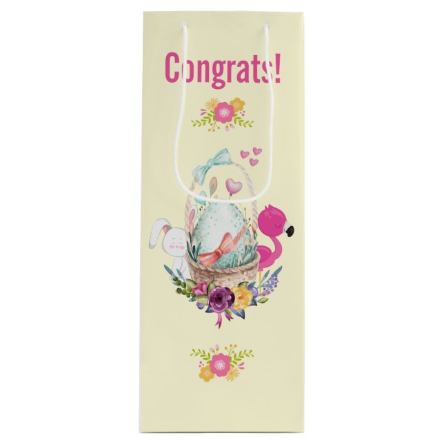 Niedliches Ei, rosa Flamingo & Bunny, Aquarell Geschenktüte Für Weinflaschen (Vorderseite)