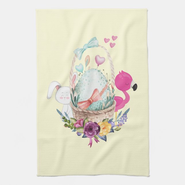 Niedliches Ei, rosa Flamingo & Bunny, Aquarell Geschirrtuch (Vertikal)