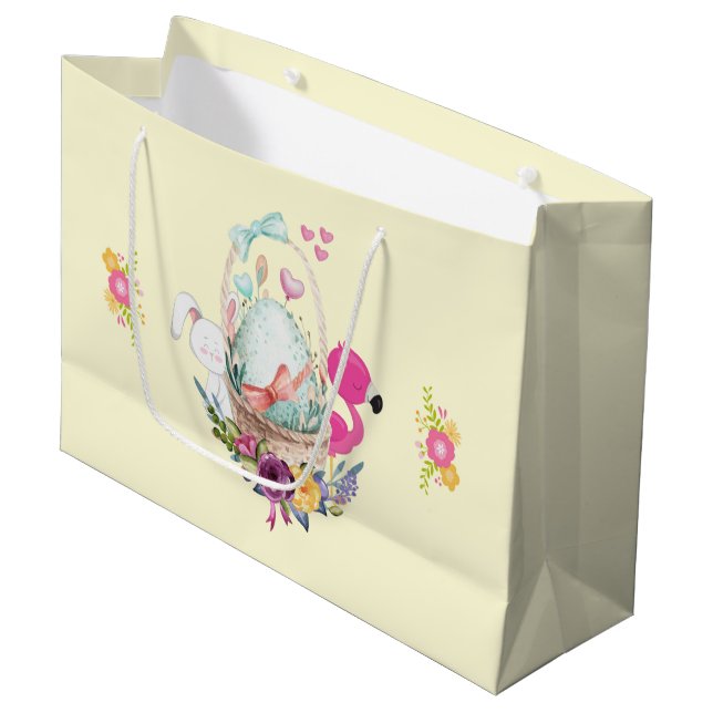 Niedliches Ei, rosa Flamingo & Bunny, Aquarell Große Geschenktüte (Vorderseite Schrägansicht)