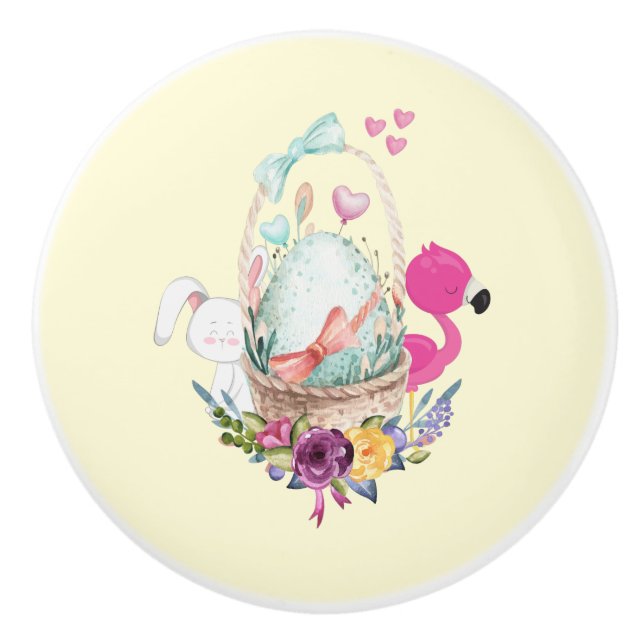 Niedliches Ei, rosa Flamingo & Bunny, Aquarell Keramikknauf (Vorderseite)