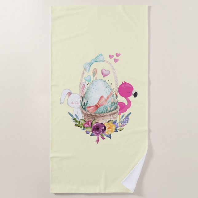 Niedliches Ei, rosa Flamingo & Bunny, Aquarell Strandtuch (Vorderseite)
