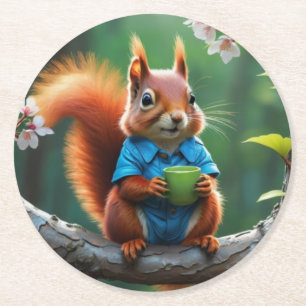 Niedliches Eichhörnchen auf dem Baumzweig Runder Pappuntersetzer