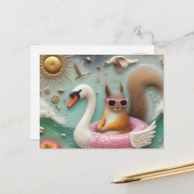 Niedliches Eichhörnchen auf einer Rosa- und Weißen Postkarte (Vorderseite/Rückseite Beispiel)