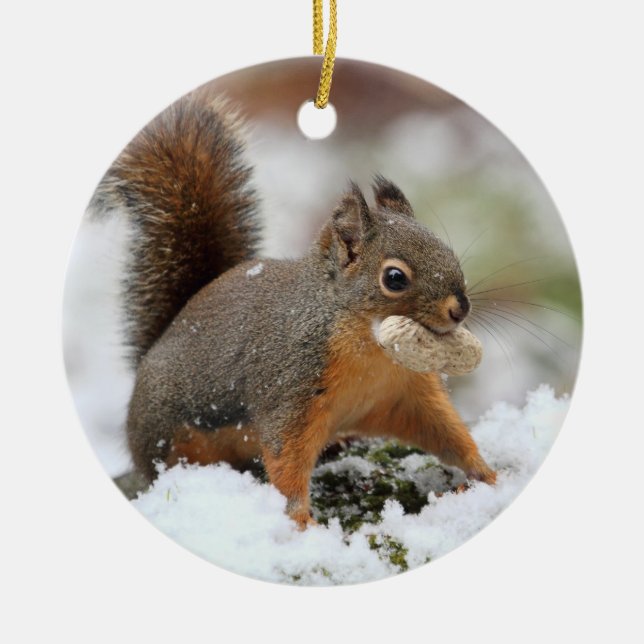 Niedliches Eichhörnchen im Schnee mit Erdnuss Keramikornament (Vorne)