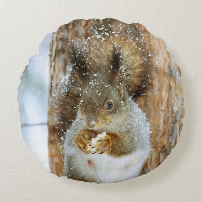 Niedliches Eichhörnchen in der Winterlandschaft Rundes Kissen (Vorderseite)