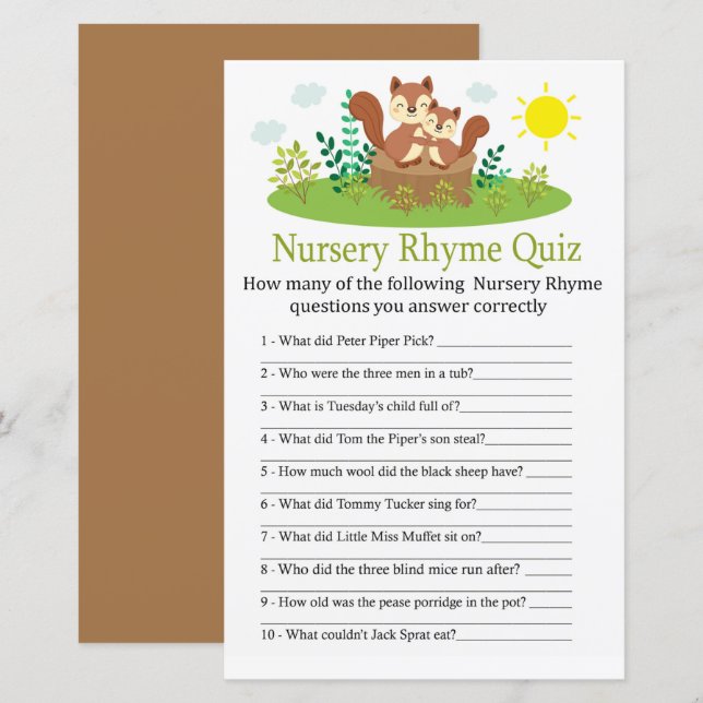 Niedliches Eichhörnchen-Kinderzimmer Rhyme Quiz Ki (Vorne/Hinten)
