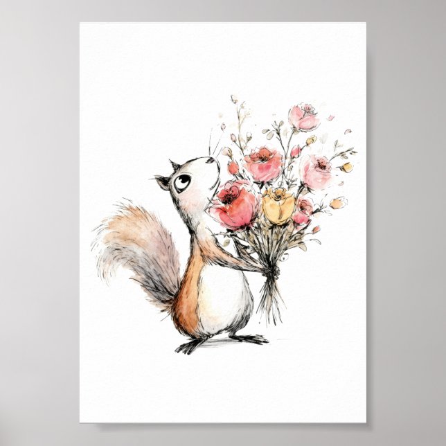 Niedliches Eichhörnchen mit Blumenstrauß Poster (Vorne)