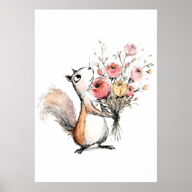 Niedliches Eichhörnchen mit Blumenstrauß Poster (Vorne)