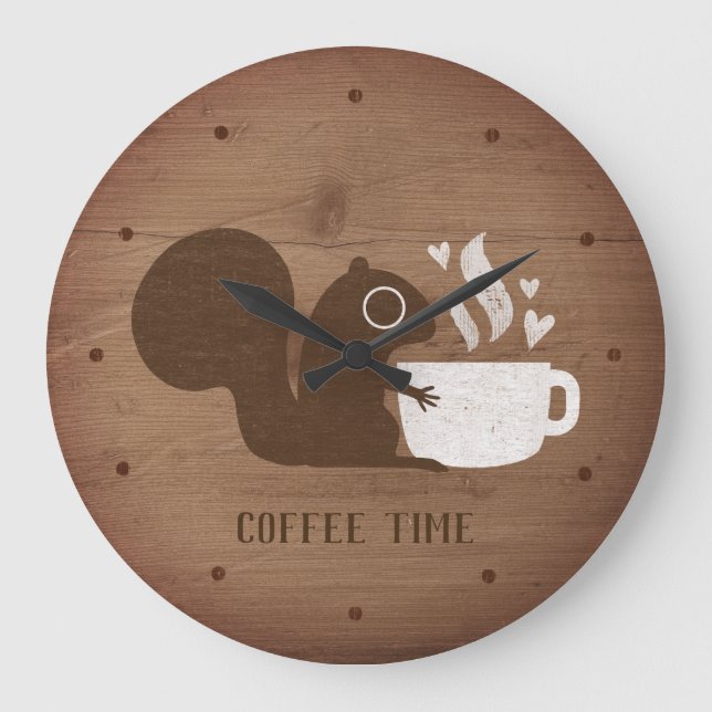 Niedliches Eichhörnchen mit Kaffee | Whimsistische Große Wanduhr (Vorderseite)
