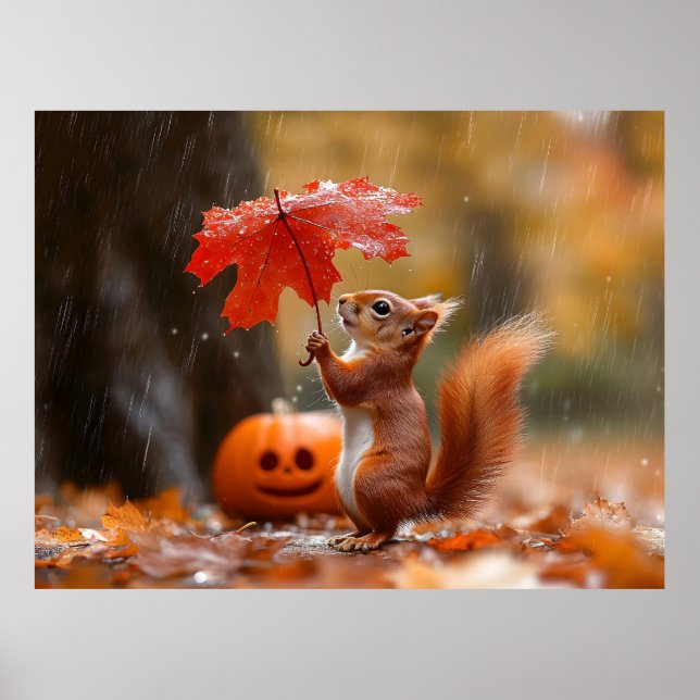 Niedliches Eichhörnchen mit Leaf-Regenschirm - Her Poster (Vorne)