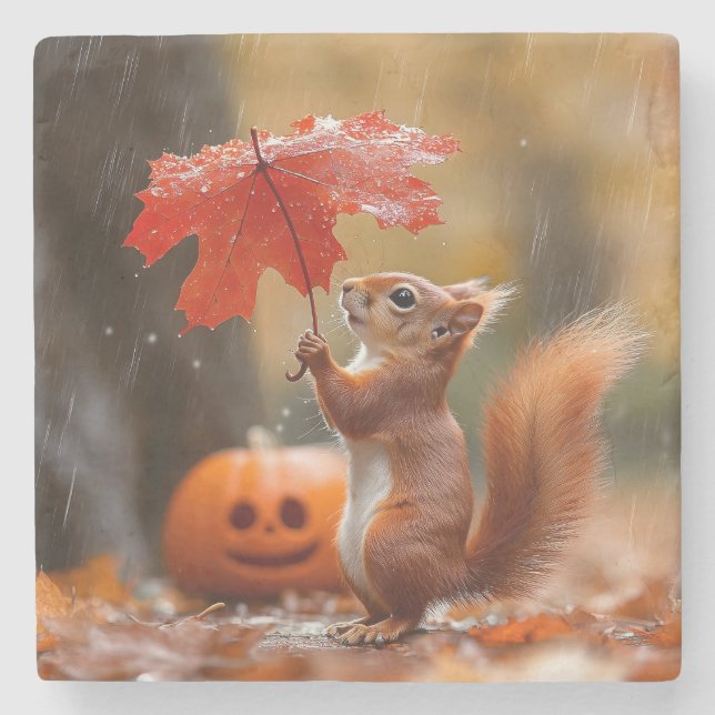 Niedliches Eichhörnchen mit Leaf-Regenschirm - Her Steinuntersetzer (Vorderseite)