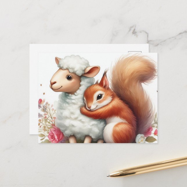 Niedliches Eichhörnchen umarmt ein Schaf Postkarte (Vorderseite/Rückseite Beispiel)