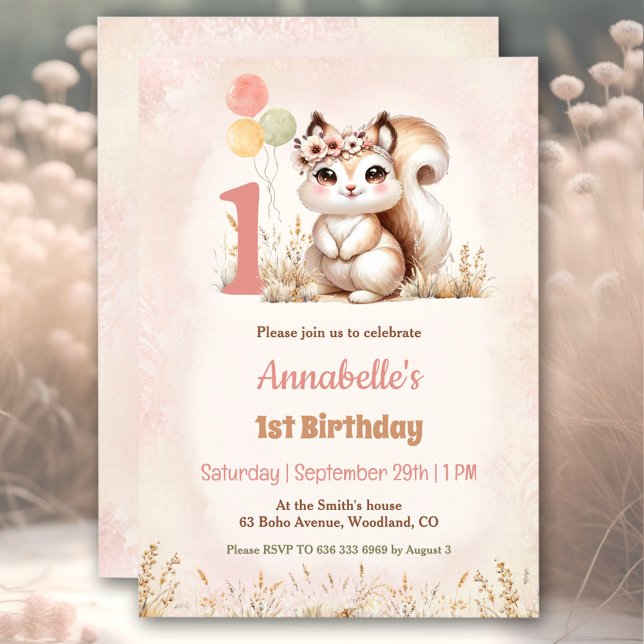 Niedliches Eichhörnchen Woodland Boho Girl 1. Gebu Einladung (Cute Squirrel Woodland Boho Girl 1st Birthday Invitation)