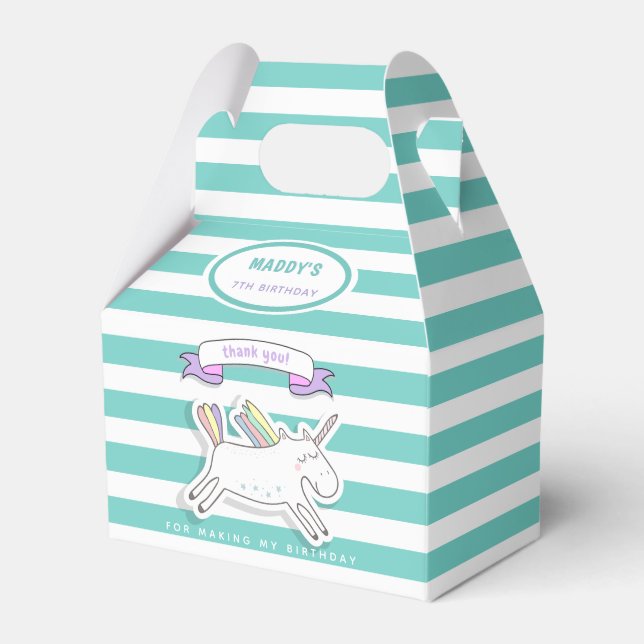 Niedliches Einhorn Aquamarin gestreifter Kindergeb Geschenkschachtel (Vorderseite)