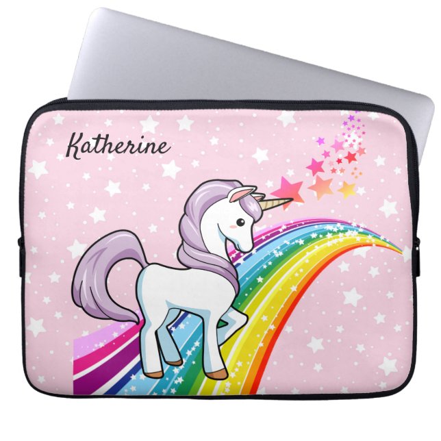Niedliches Einhorn auf einem Regenbogen Name hinzu Laptopschutzhülle (Vorderseite)