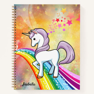 Niedliches Einhorn auf einem Regenbogen Name Notizbuch