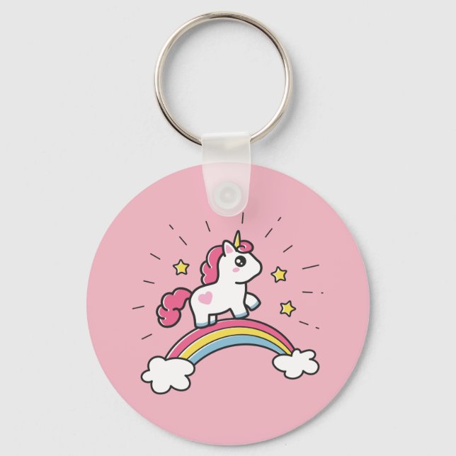 Niedliches Einhorn auf einem Regenbogendesign Schlüsselanhänger (Vorderseite)