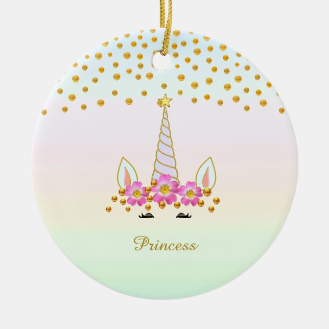 Niedliches Einhorn, Blume & Goldfetti Keramik Ornament (Vorne)