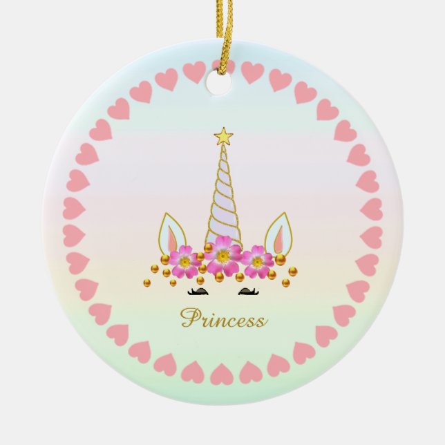 Niedliches Einhorn, Blume, Herz und Goldfetti Keramik Ornament (Vorne)