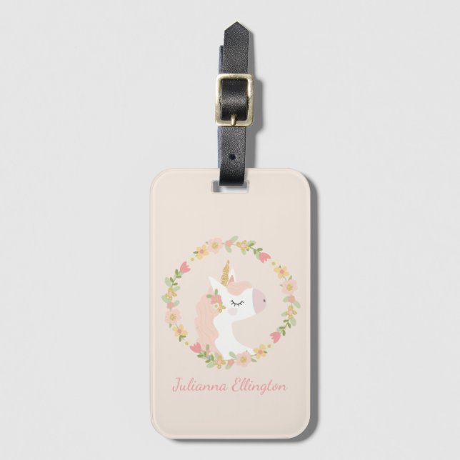 Niedliches Einhorn Blumenkraut Rosa Individuelle N Gepäckanhänger (Vorderseite Vertikal)