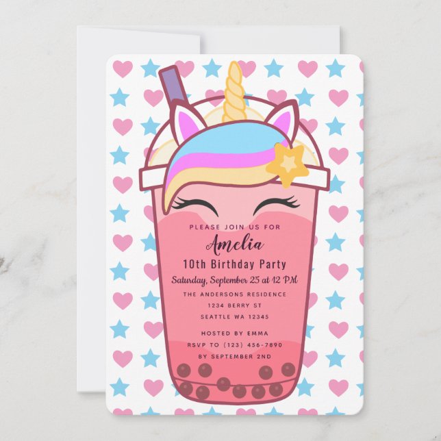 Niedliches Einhorn Boba Tea Einladung zum Geburtst (Vorderseite)