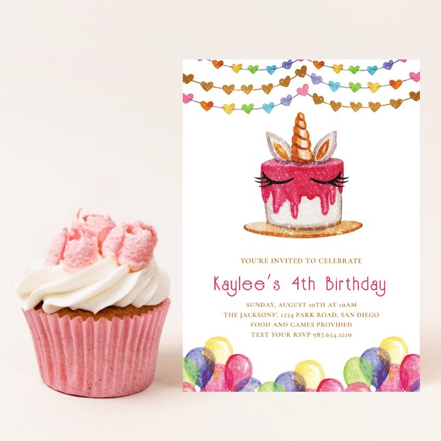 Niedliches Einhorn Cake Hearts Girly Birthday Einladung (Von Creator hochgeladen)