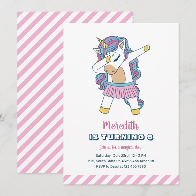 Niedliches Einhorn Dabbing Kinder Mädchen Geburtst Einladung (Vorne/Hinten)