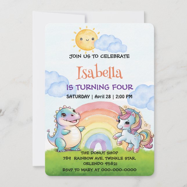 Niedliches Einhorn Dinosaurier Regenbogen Sky Gebu Einladung (Vorderseite)