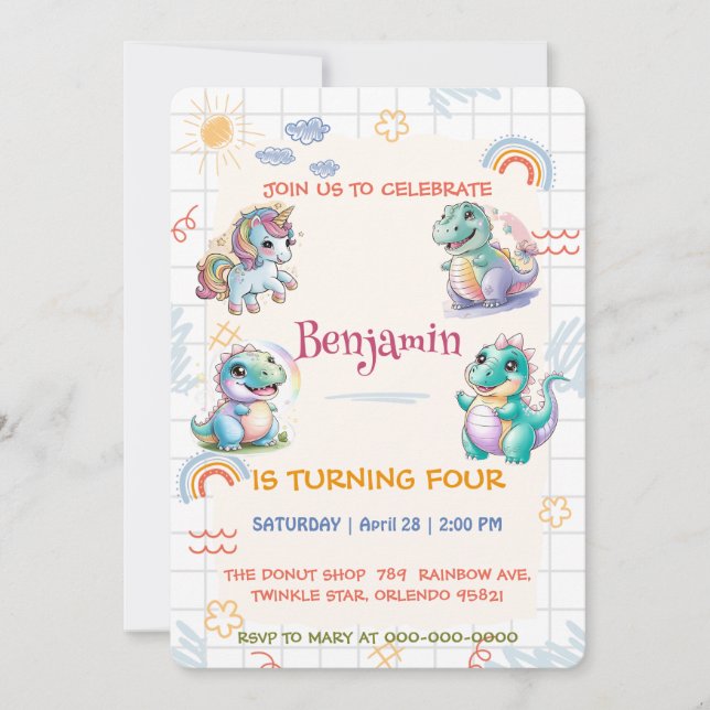 Niedliches Einhorn Dinosaurier Regenbogenfreunde G Einladung (Vorderseite)