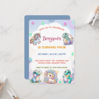 Niedliches Einhorn Dinosaurier Regenbogenfreunde G Einladung