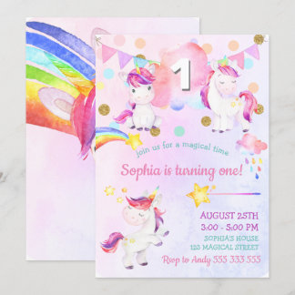 Niedliches Einhorn Girl Erstgeburt Magischer Regen Einladung
