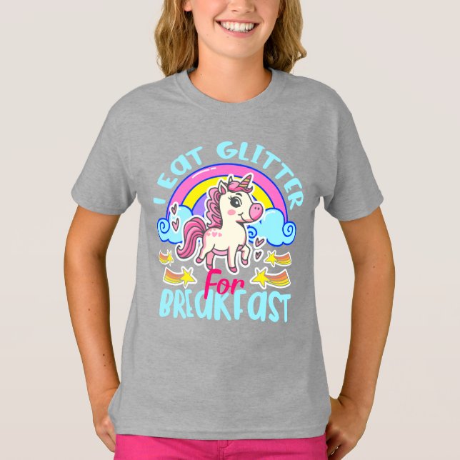 Niedliches Einhorn Ich esse Glitzer zum Frühstück  T-Shirt (Vorderseite)