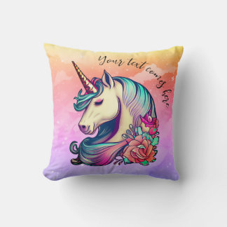 Niedliches Einhorn im farbenfrohen Himmel Kissen